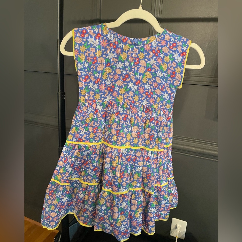 Pink Chicken Blue Floral Dress with Yellow, Pink and Green Accents